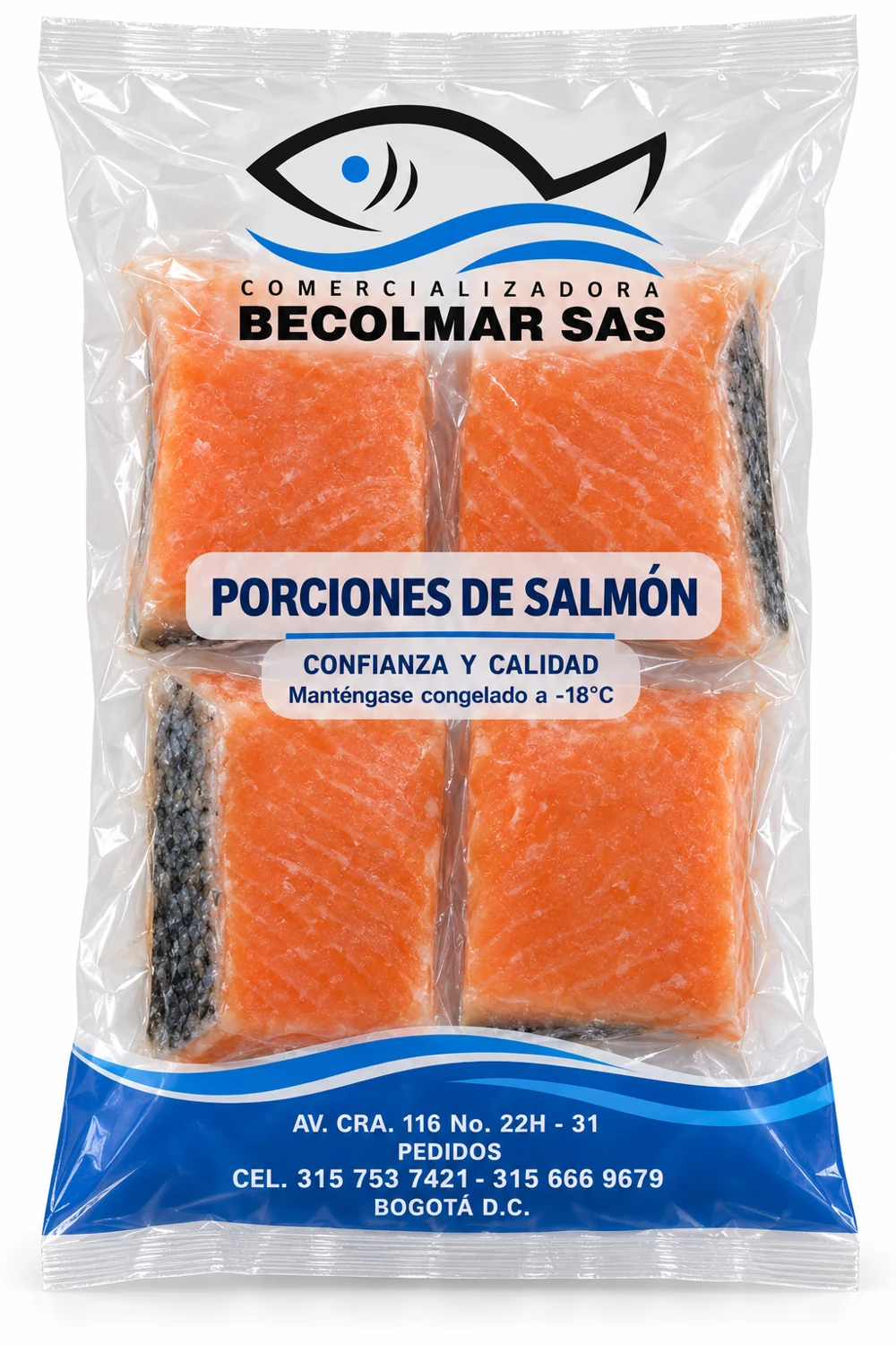 Presentación de porciones de salmón con marca BECOLMAR