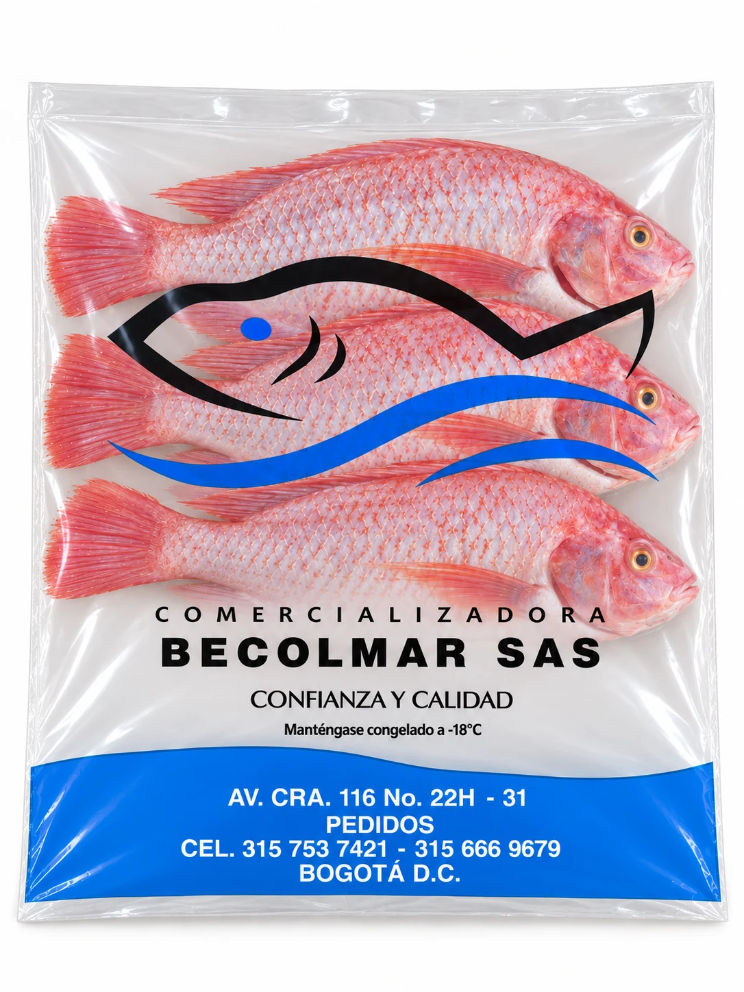 Presentación de mojarra roja entera con marca BECOLMAR