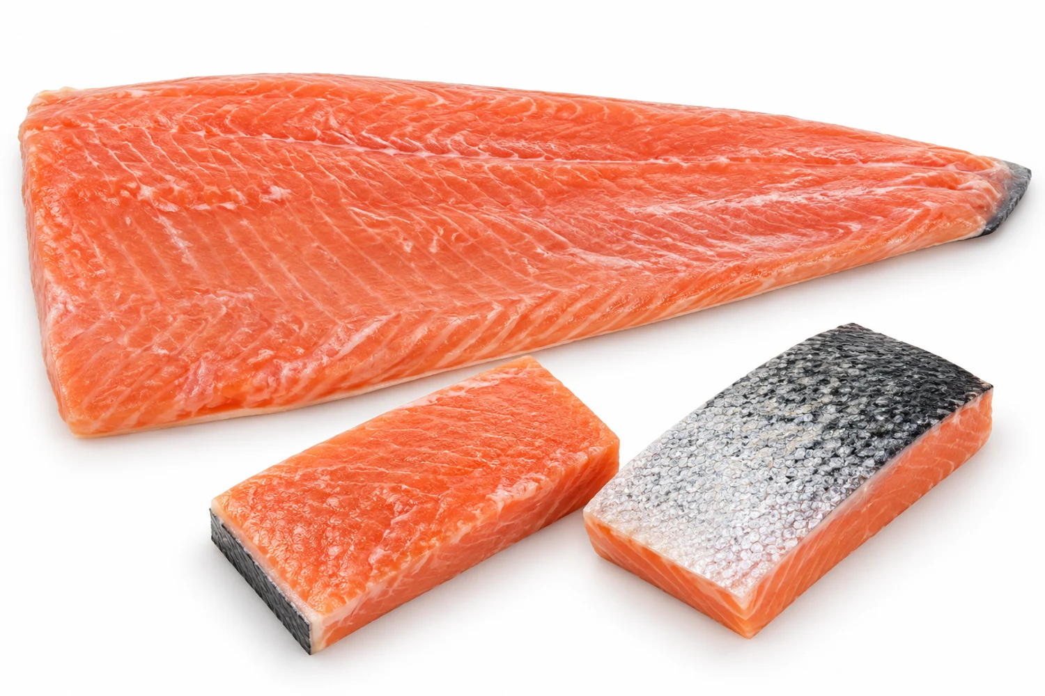 Filete de salmón y porciones con piel sobre fondo blanco